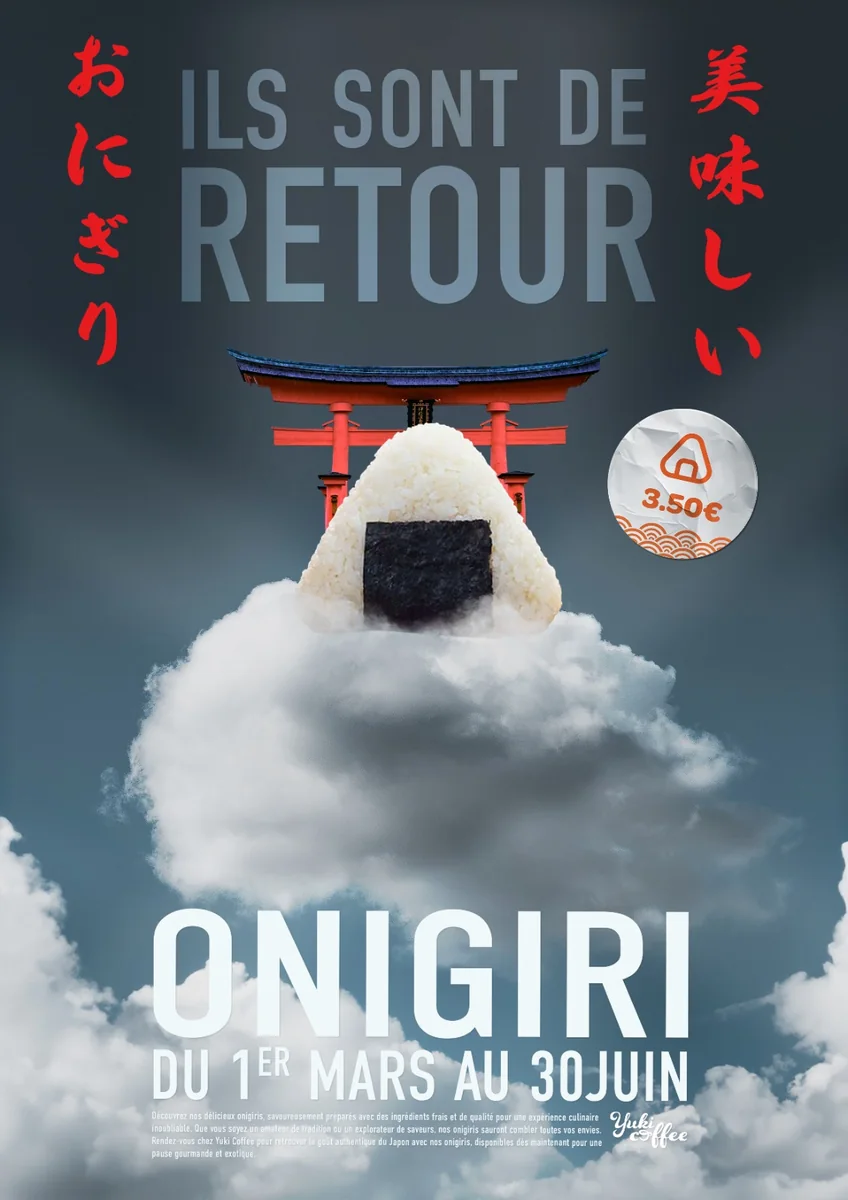 Affiche « Ils sont de retour — Onigiri » : onigiri posé sur un nuage devant un torii, avec pastille de prix
