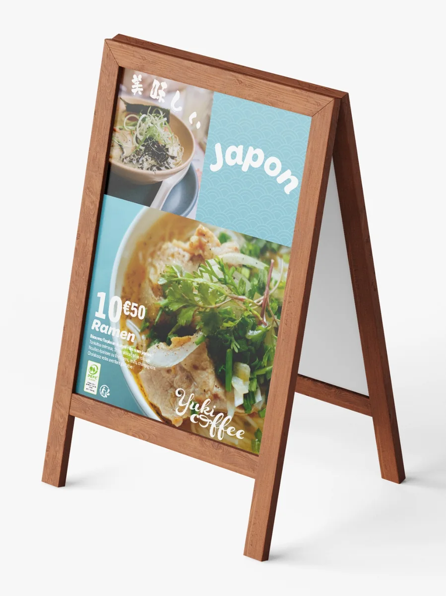 Affiche Yuki Coffee « Japon » présentant un bol de ramen à 10,50 € sur fond bleu