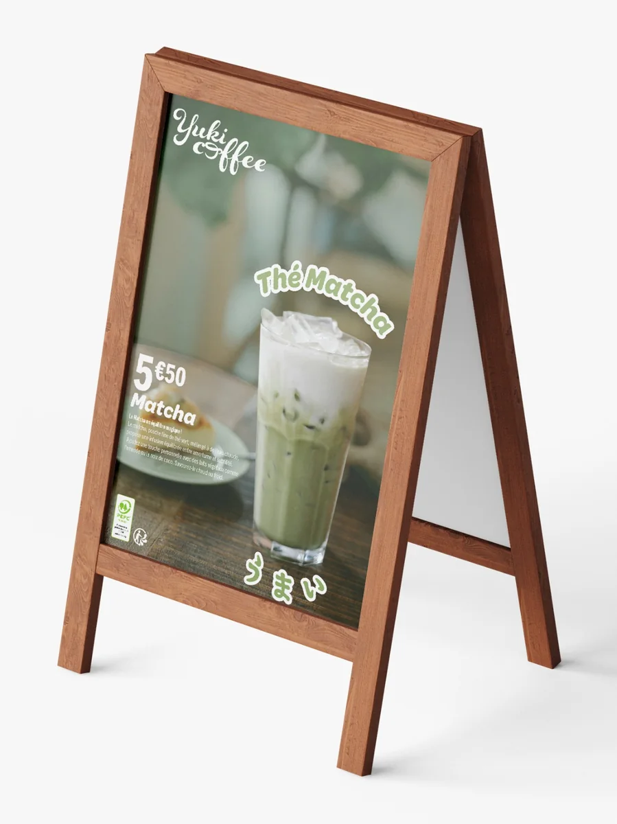 Affiche promotionnelle Yuki Coffee pour le thé matcha à 5,50 €, sur chevalet de trottoir