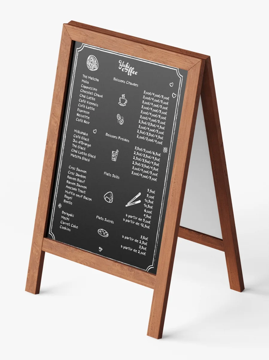 Carte des boissons Yuki Coffee écrite en blanc sur chevalet ardoise, avec pictogrammes de boissons