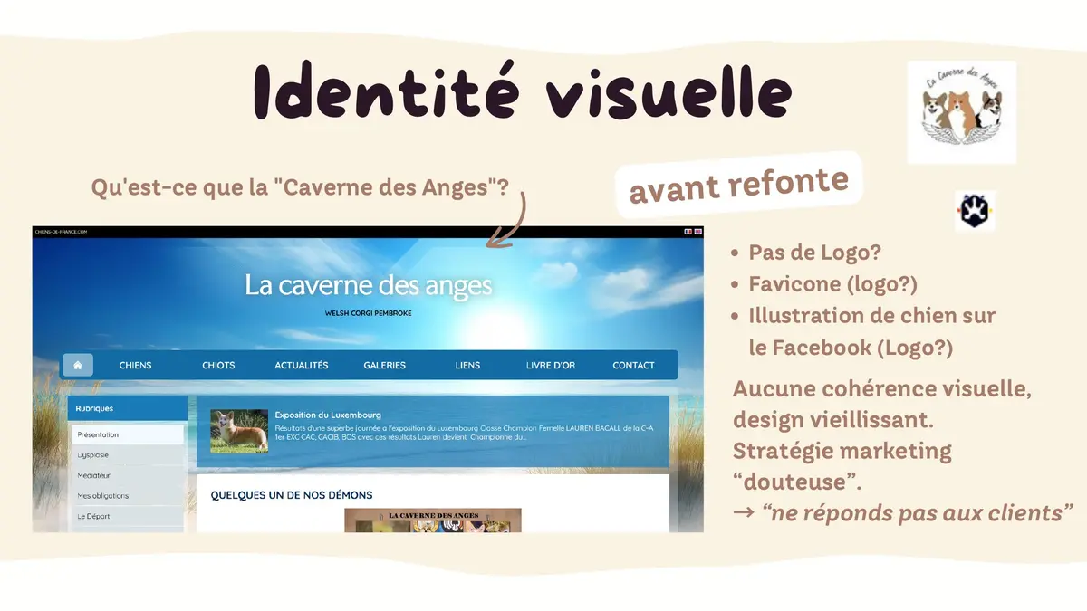 L'ancien site de La Caverne des Anges avant la refonte graphique : aucun logo, aucune cohérence visuelle, design vieillissant