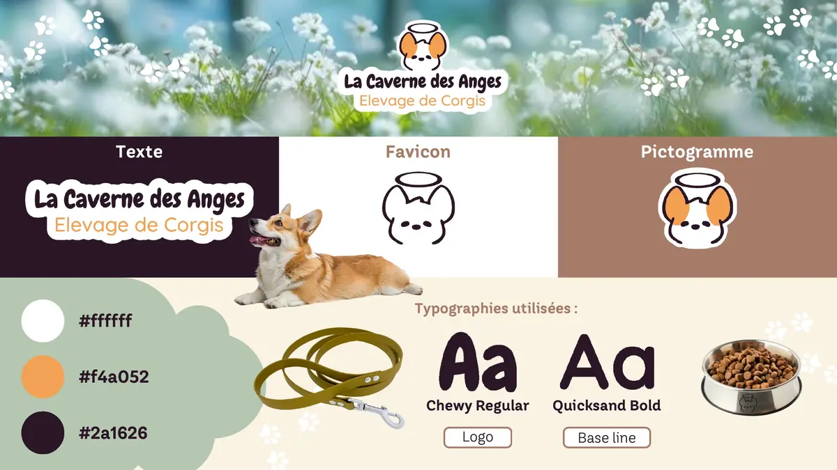Planche de charte graphique de La Caverne des Anges : version texte, favicon, pictogramme, couleurs HEX et typographies