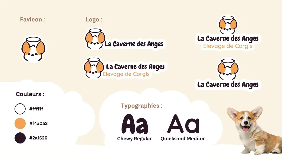 Nouvelle identité visuelle de La Caverne des Anges : logo, favicon, palette de couleurs et typographies Chewy et Quicksand