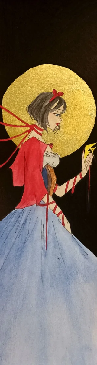 Illustration originale à l'aquarelle : jeune fille en cape rouge et robe bleue devant une lune peinte à la feuille d'or
