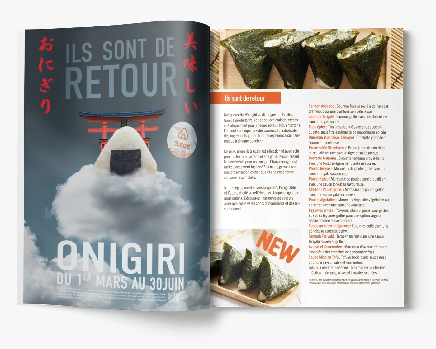 Double page de magazine : couverture « Ils sont de retour — Onigiri » et page intérieure détaillant les recettes