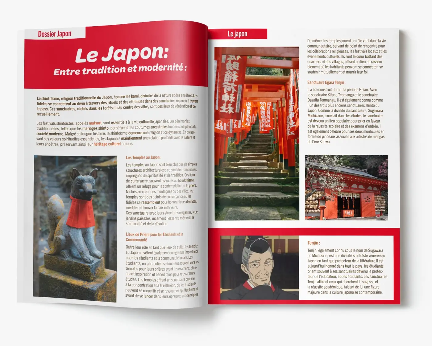 Double page de magazine « Le Japon : entre tradition et modernité », photos de torii et encadrés rouges