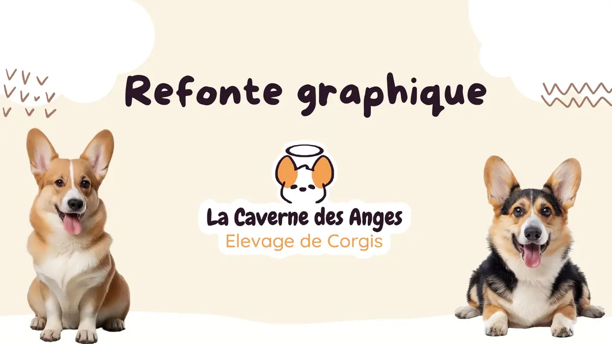 Refonte de l'identité visuelle de La Caverne des Anges, élevage de corgis, par la graphiste Com'Lisa
